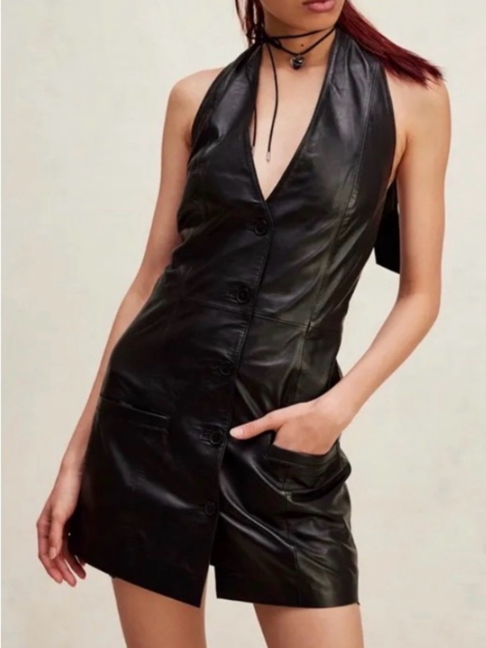 Understated x Free People Angel Eyes Black Leather Halter Mini Dress Small S